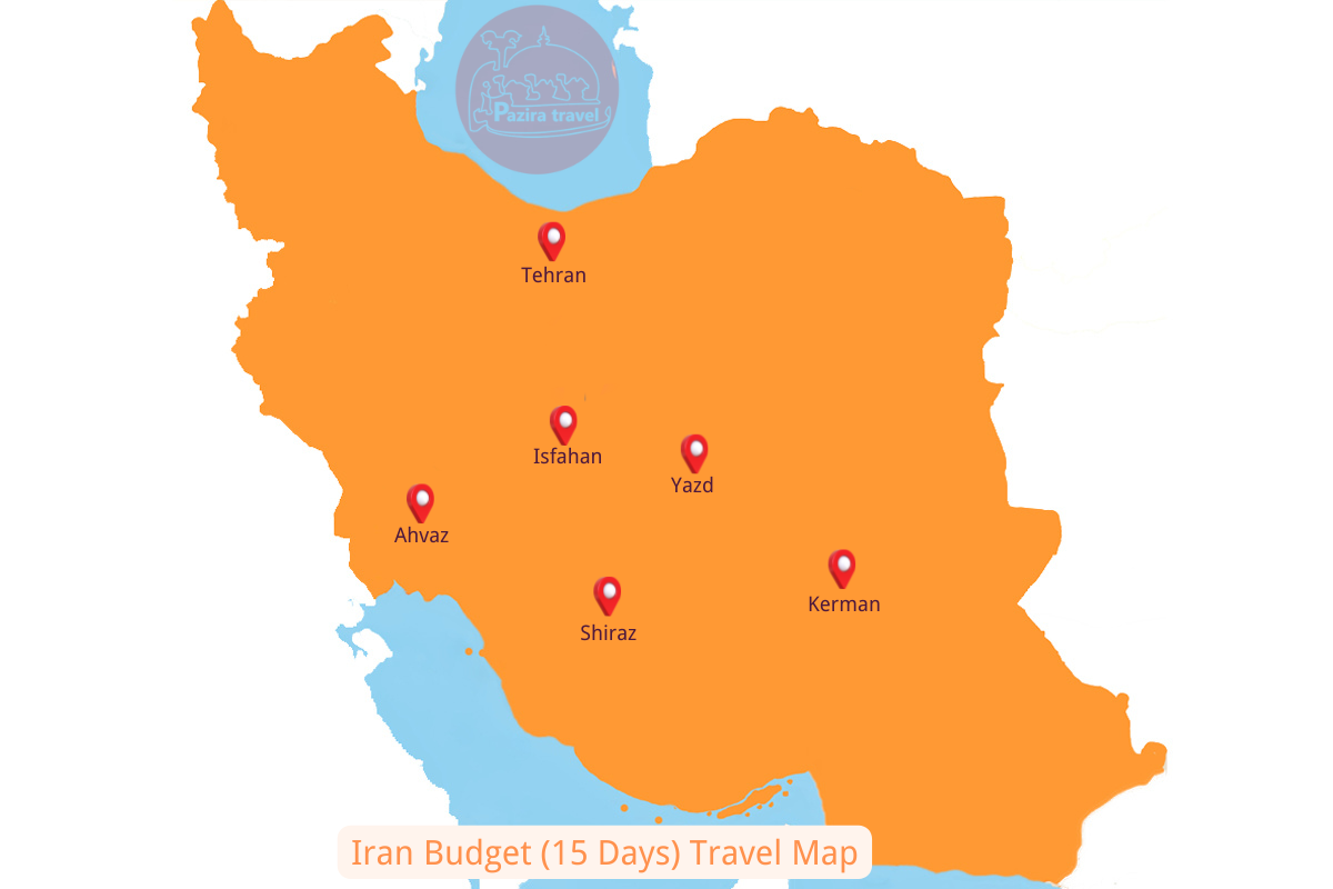 ¡Explore la ruta del viaje económico de Irán (15 días) en el mapa!