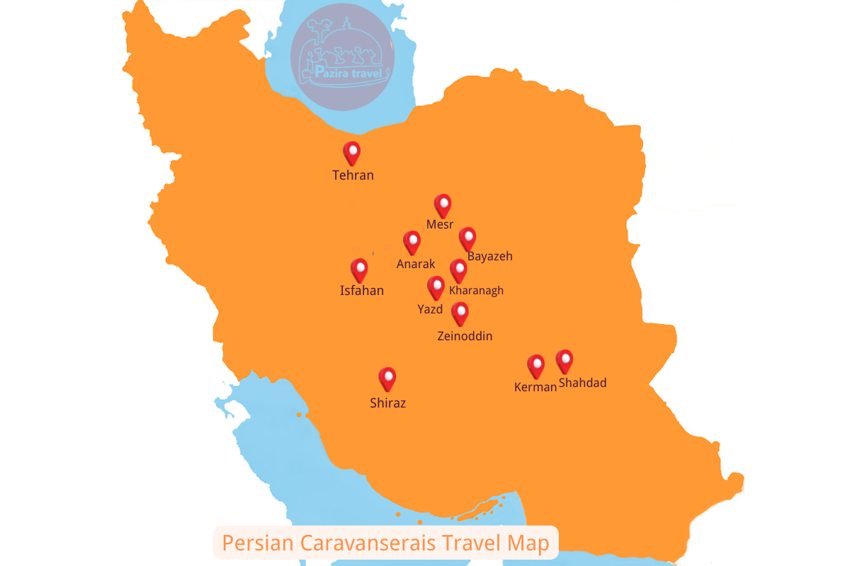 ¡Explora la ruta del viaje del Caravanserais persa en el mapa!
